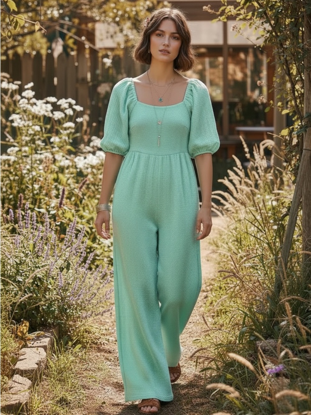 Mint Puff-Sleeve Wide-Leg Jumpsuit